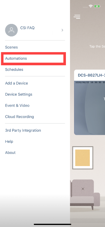 How do I set up automated rules to control my smart plug and camera using the mydlink app