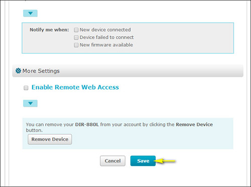 mydlink save password changes screen